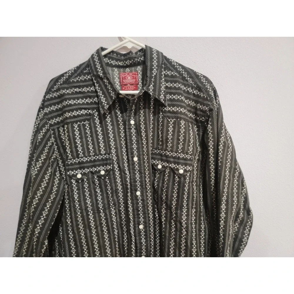 LUCKY‎ BRAND Western Shirt Pearl Snap Black White Print Sz XL Long Sleeve